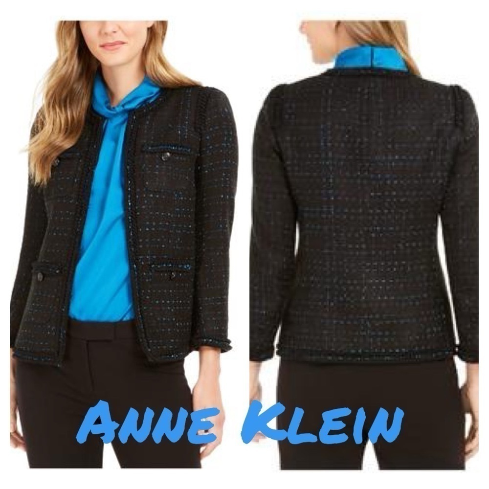 ANNE KLEIN Black and blue Ruffled Blazer Work ready Jacket. Tweed. Career